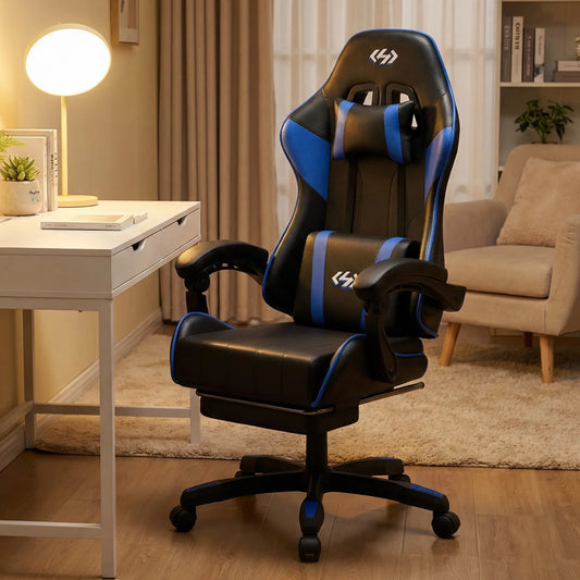 Cadeira gaming ergonómica, cadeira de escritório para computador com apoio para os pés e apoio de cabeça, cadeira de escritório para adulto com altura e encosto ajustáveis