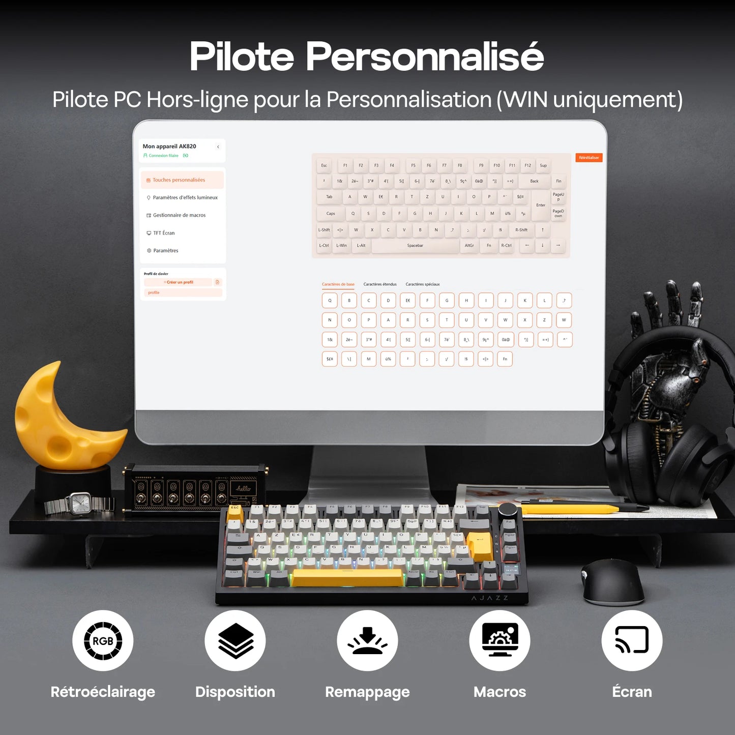 Distribución ISO-FR EPOMAKER X AJAZZ AK820 PRO 75% AZERTY francés, teclado mecánico hot-swap con cable/BT/inalámbrico 2.4GHz para Win/Mac/PC