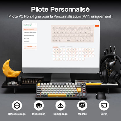 Distribución ISO-FR EPOMAKER X AJAZZ AK820 PRO 75% AZERTY francés, teclado mecánico hot-swap con cable/BT/inalámbrico 2.4GHz para Win/Mac/PC