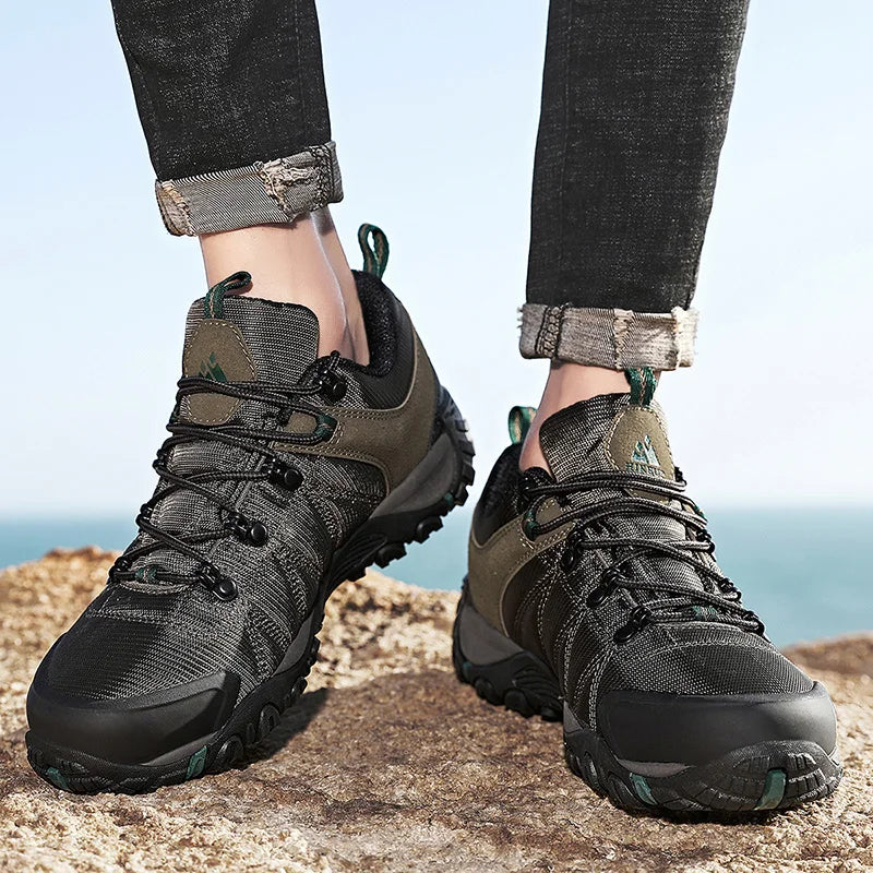 HIKEUP Pantofi de drumeție pentru bărbați, pentru patru sezoane, sport outdoor, piele naturală, rezistenți la uzură, pantofi de escaladă cu talpă din cauciuc, sneakeri de trekking