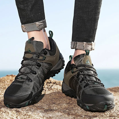 HIKEUP Pantofi de drumeție pentru bărbați, pentru patru sezoane, sport outdoor, piele naturală, rezistenți la uzură, pantofi de escaladă cu talpă din cauciuc, sneakeri de trekking