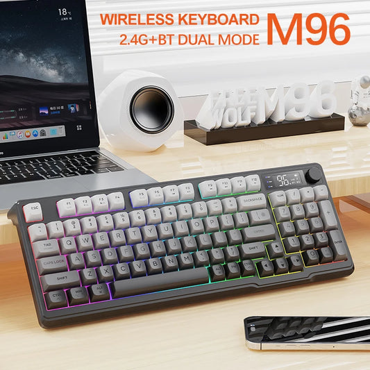 Teclado Bluetooth Sem Fios M96 FREEWOLF com Ecrã Gaming, Ecrã Eletrónico, Ligação a Vários Dispositivos, Ergonomia Gaming
