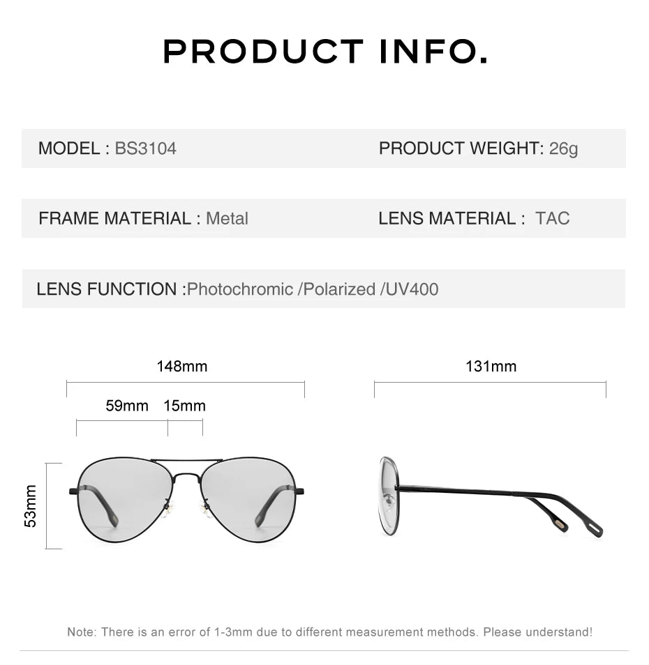 CAPONI Avation Sun Glasses For Men Day And Night Photochromic Driving Men's Sunglasses Polarized UV400 Pilot Shades Male BS3104