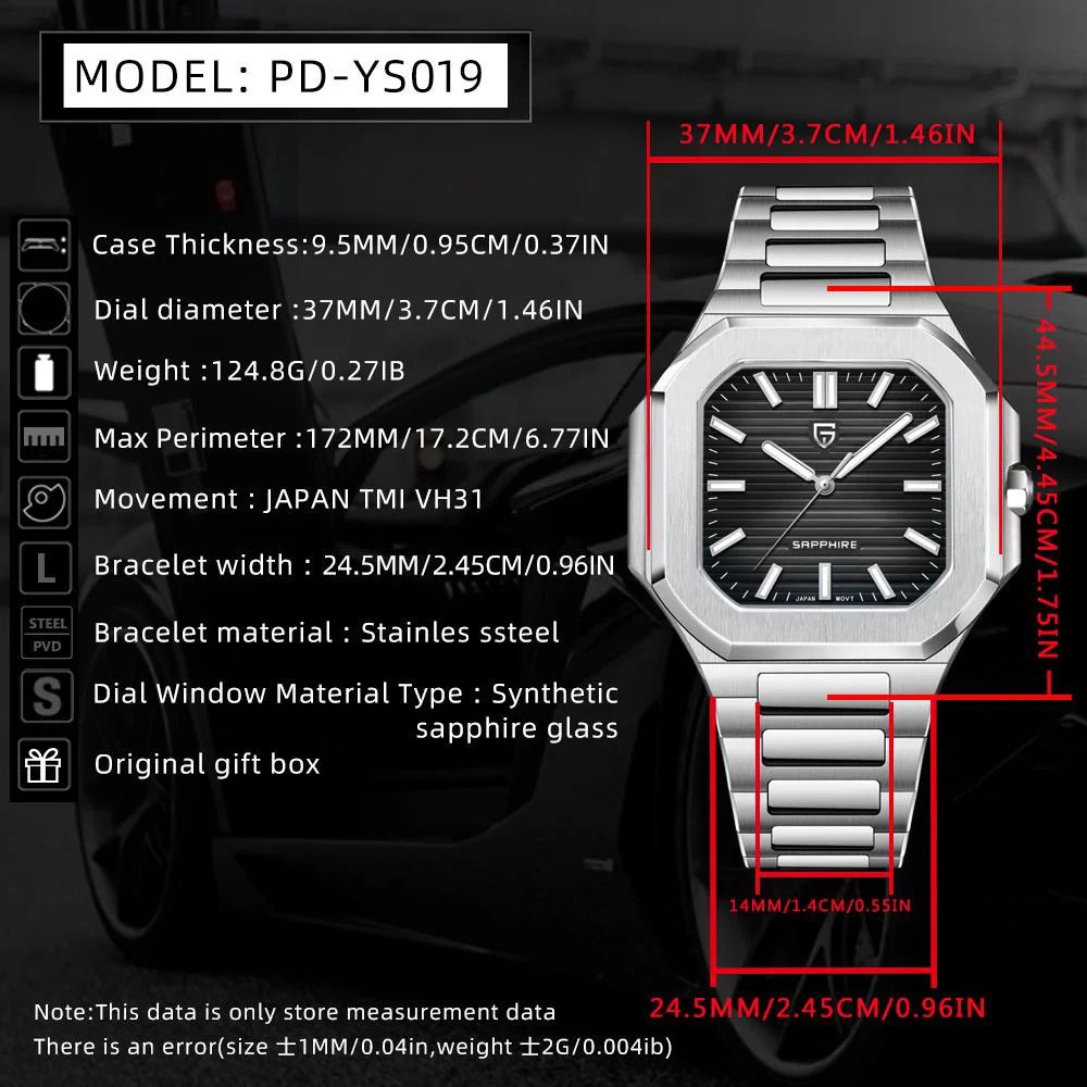 Reloj cuadrado de cuarzo para hombre PAGANI DESIGN New V2, marca de lujo premium, deportivo, resistente al agua, de zafiro y acero inoxidable