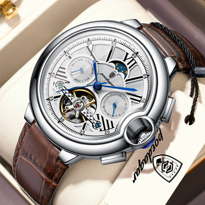 POEDAGAR Luxus-Herrenuhr – Mechanisches Automatikmodell mit Datums- und Wochentagsanzeige, Lederarmband, Tourbillon, wasserdicht, eleganter und professioneller Stil.