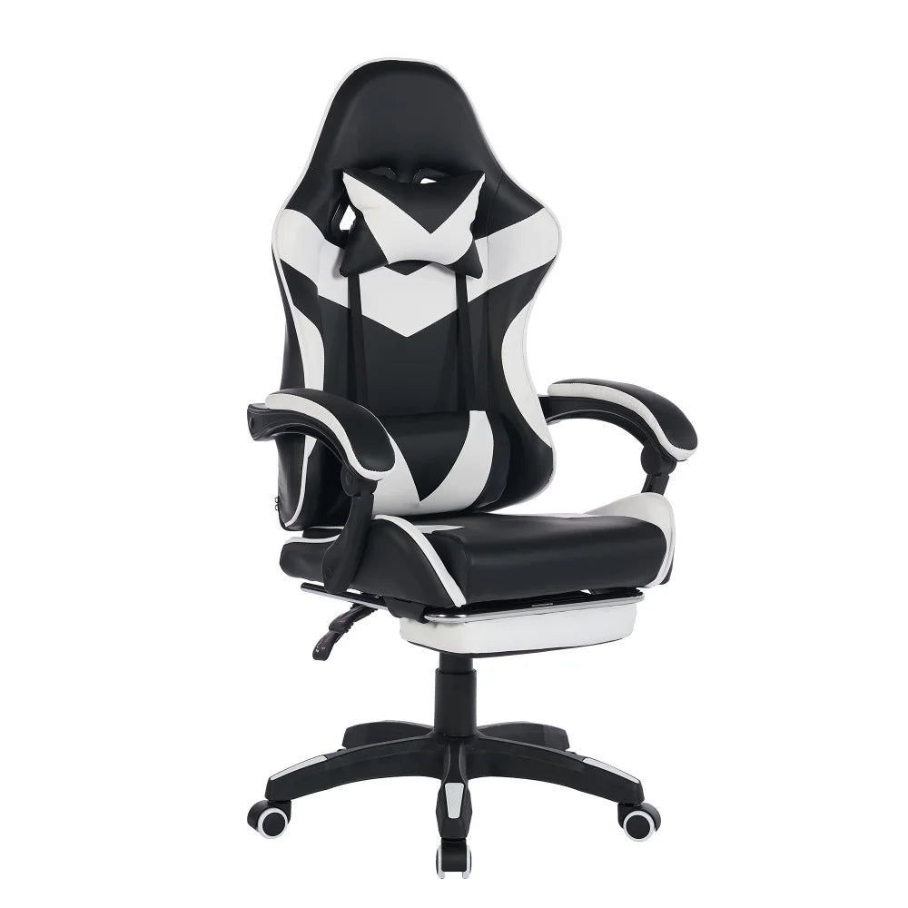 360° Swivel Ergonomic Racing Design Gaming Chair Leather High Back Office Chair Height Adjustable Task Chair, Black & White
