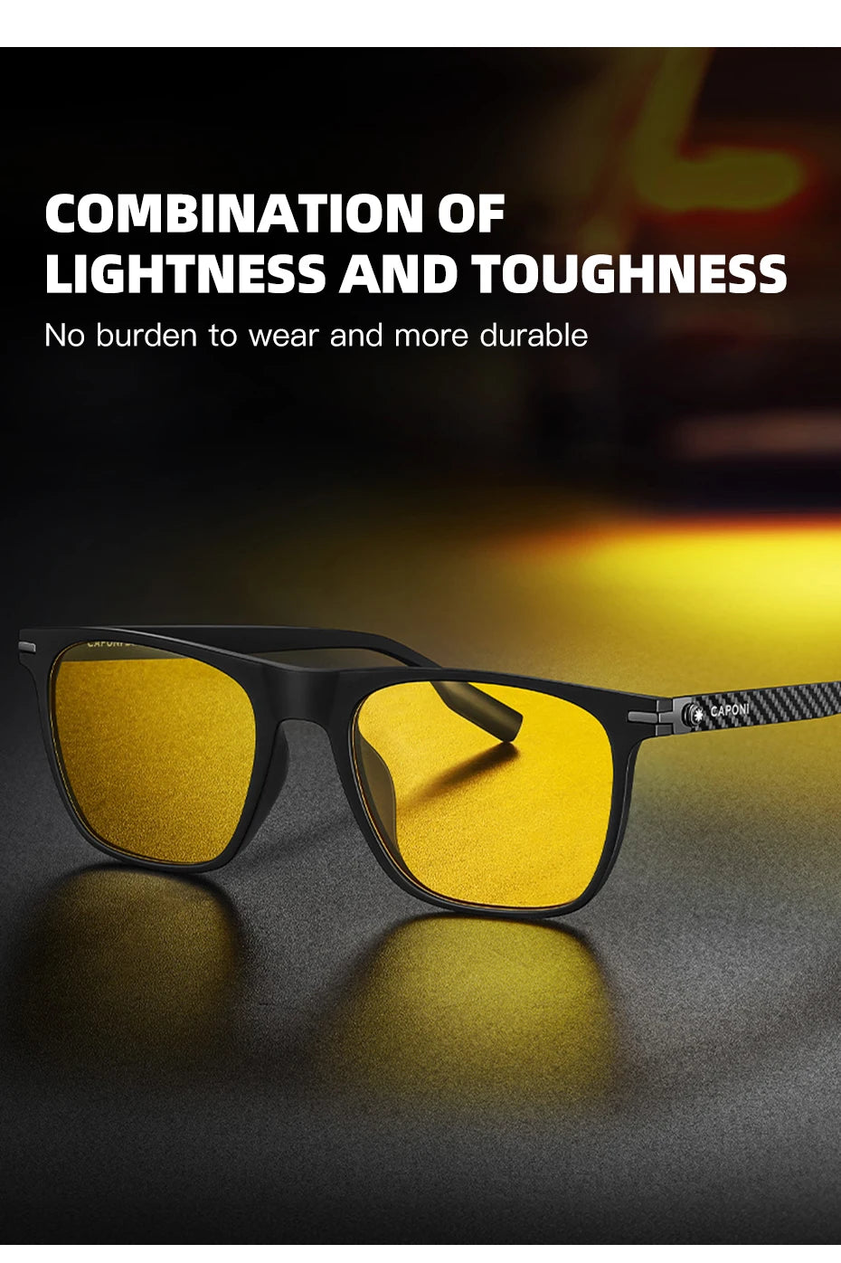 CAPONI Night Vision Men Sunglasses Original Designer High Quality Carbon Fiber Yellow Sun Glasses Photochromic Eyewear BSYS24716