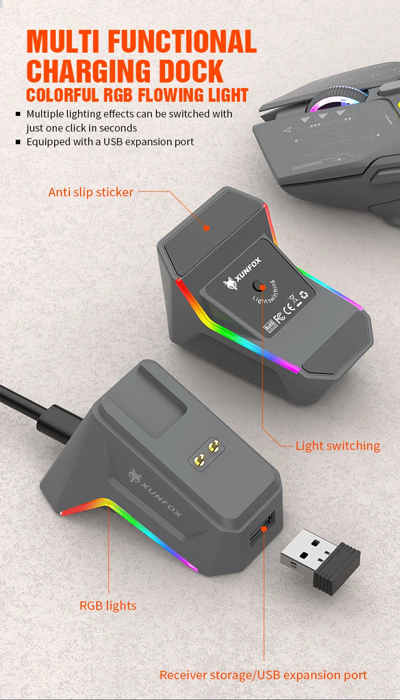 Mouse wireless Bluetooth dual-mode XUNSVFOX H2 con effetti di illuminazione RGB, per laptop, gaming e ufficio, ricarica magnetica