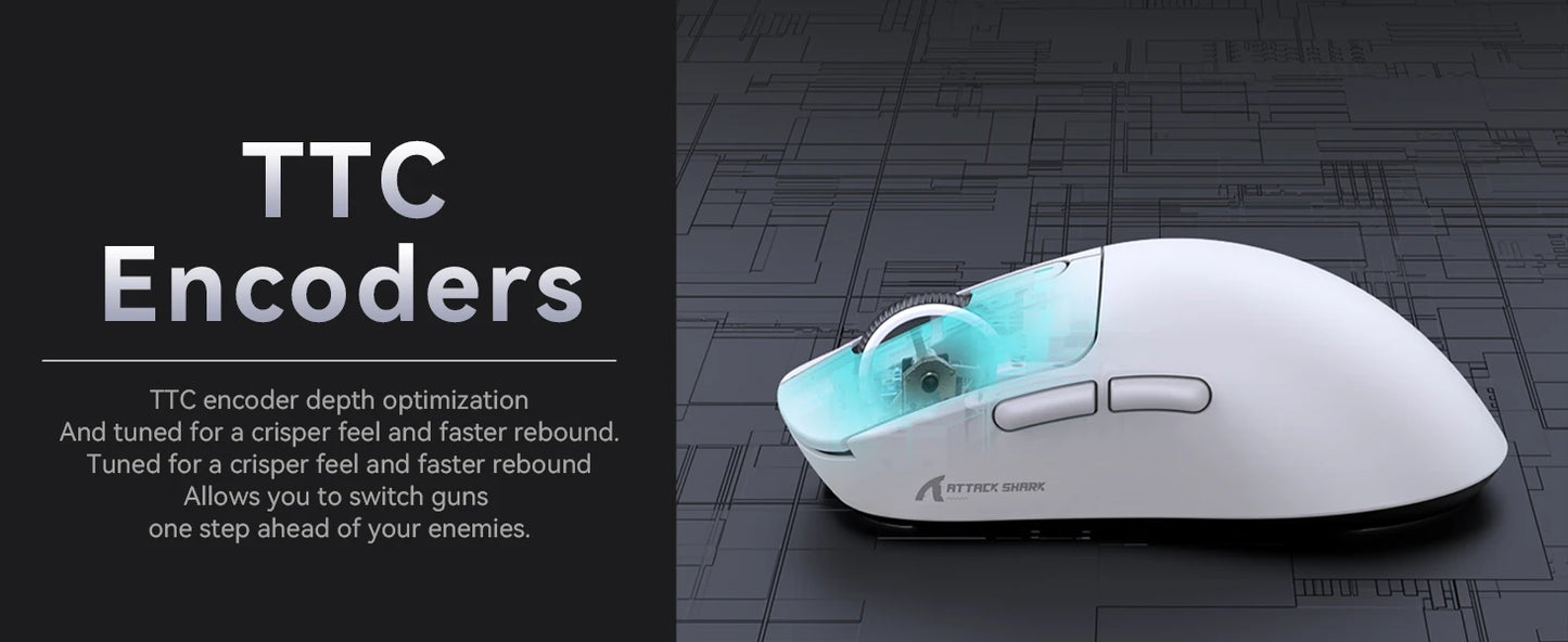 Mouse gaming wireless leggero ATTACK SHARK X3, 49g, tri-mode, sensore PAW3395 da 26K DPI, autonomia di 200h, 5 pulsanti programmabili