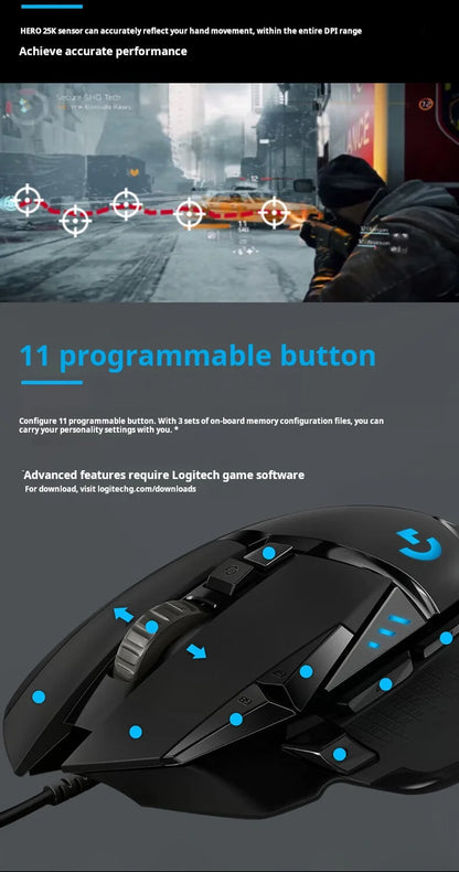 Mouse gaming cablato Logitech G502 HERO per e-sport, mouse meccanico con luce RGB, peso regolabile e macro programmabili per “Chicken Dinner”