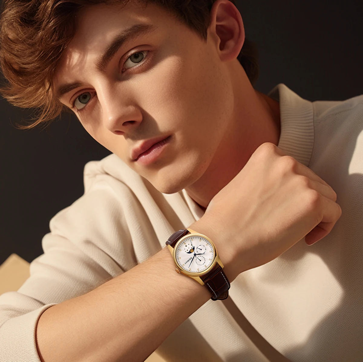 BERNY Men's Watch Date Weeks Moon Phase Quartz Watches for Men Stainless Steel Leather Strap Business Wristwatch Male Clock