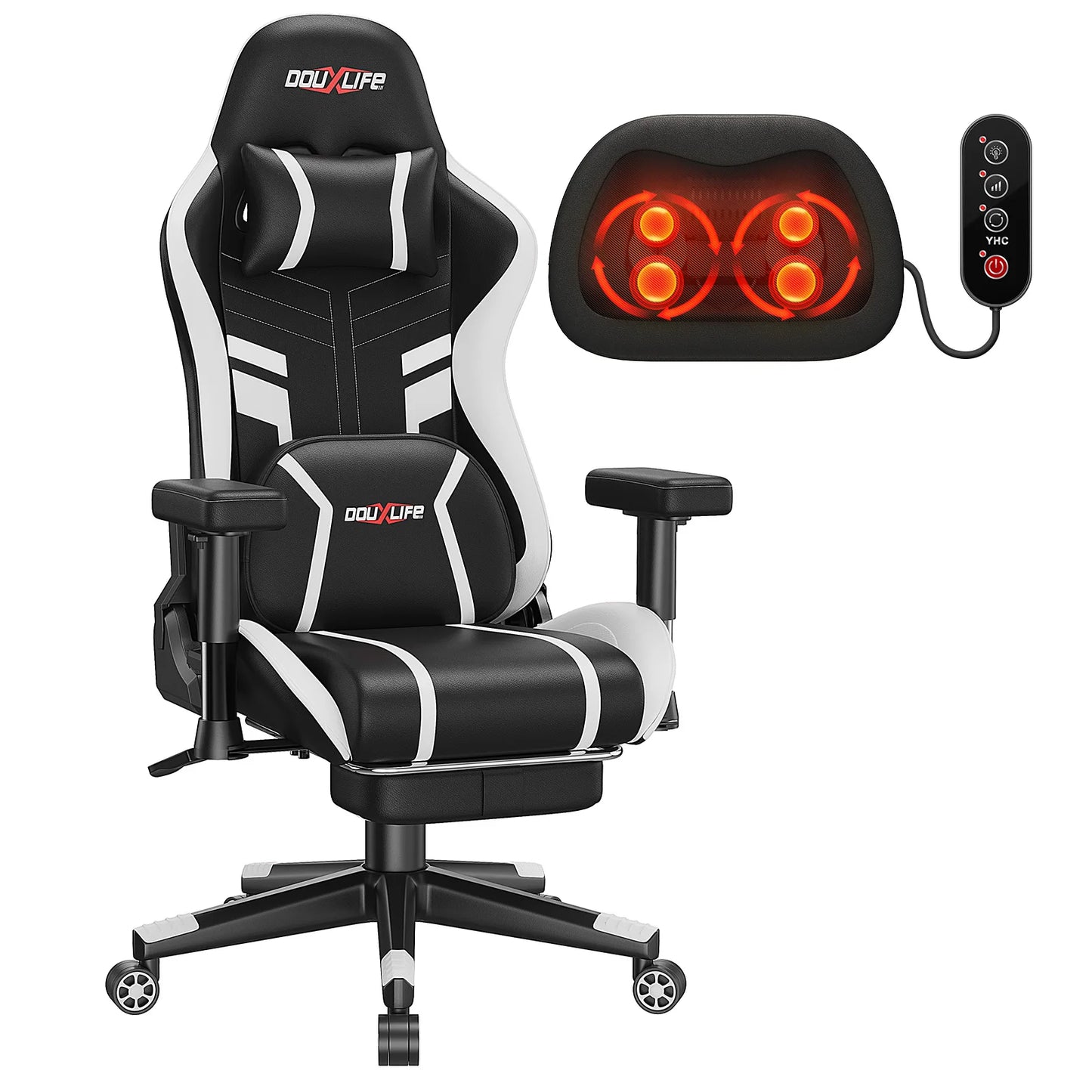 GC-RC03 Ergonomic Gaming Chair with Massage & Heating, 175° Reclining Computer Chair, Lumbar Support Office Chair with Footrest