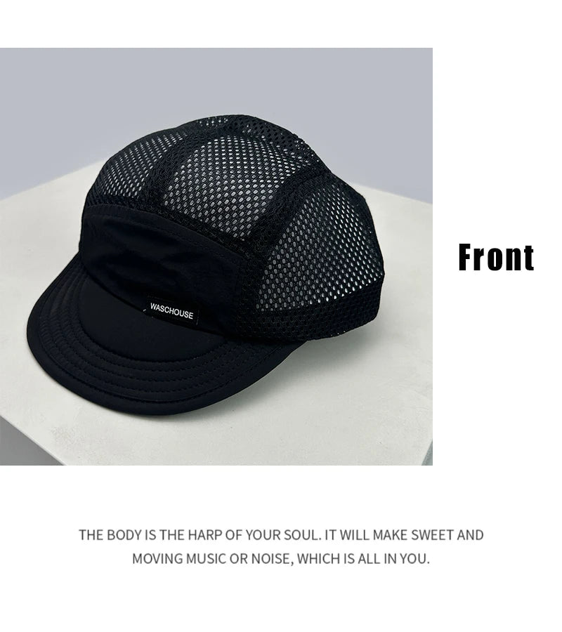 Cappellini da baseball unisex semplici in rete con lettere, parasole, ad asciugatura rapida, traspiranti, con visiera corta e a punta, versatili, alla moda, per attività all’aperto