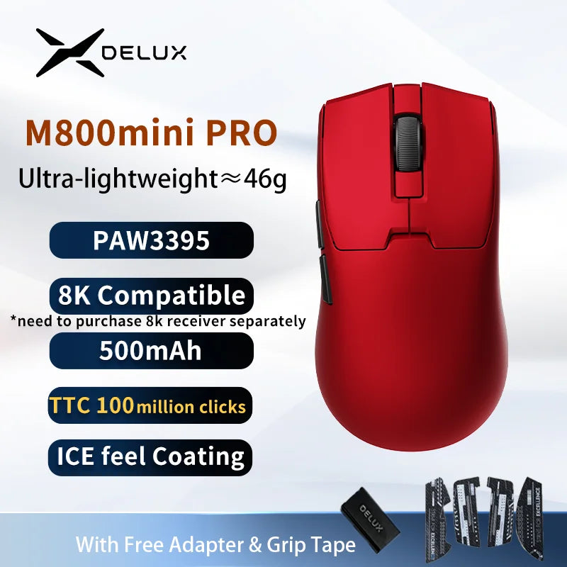 Delux M800mini trådlös gamingmus, 46g lätt, PAW3395/PAW3311, 1KHz polling rate för PC-gamers med små till medelstora händer