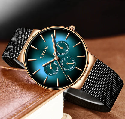Relógio feminino LIGE, elegante e moderno – Estilo desportivo e descontraído, bracelete em malha, movimento de quartzo, indicação da data e do dia, resistente à água.