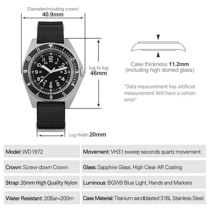 Watchdives WD1972 Quartz Watch VH31 Sweep Seconds Movement Sapphire Crystal BGW9 Luminous 20Bar Waterproof Vintage Men's Watches