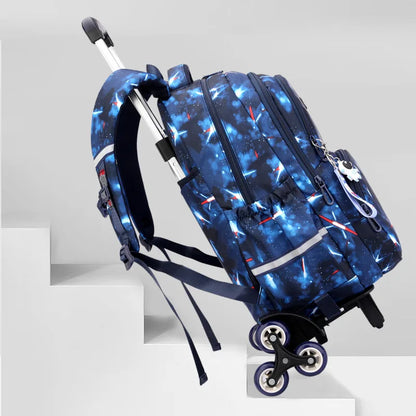 Mochila com Rodas Fortnite Anime, Impermeável, de Grande Capacidade, para Estudante — Saco Escolar Casual de Viagem com Carrinho e Subida Fácil de Escadas