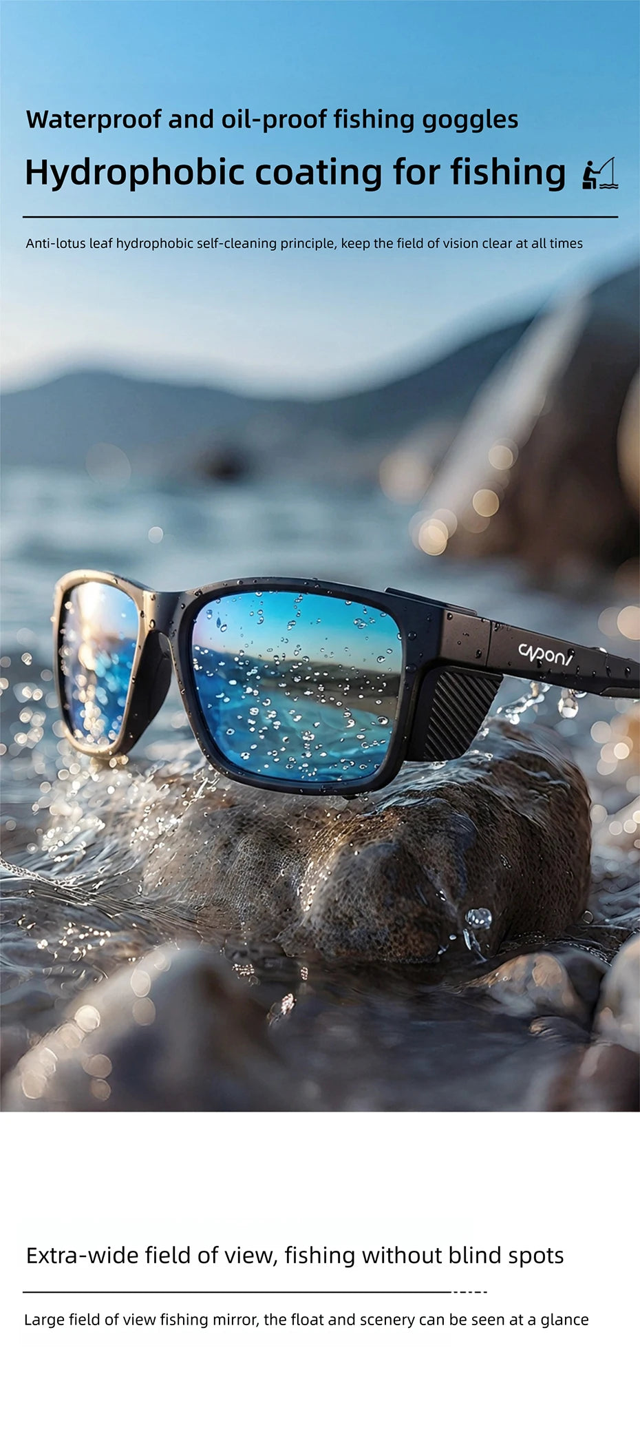 CAPONI Polarized Men Sunglasses Outdoor Sport Fishing Sun Glasses Square Anti-Oil and Water Blue HD Lenses Black Shades CP36505
