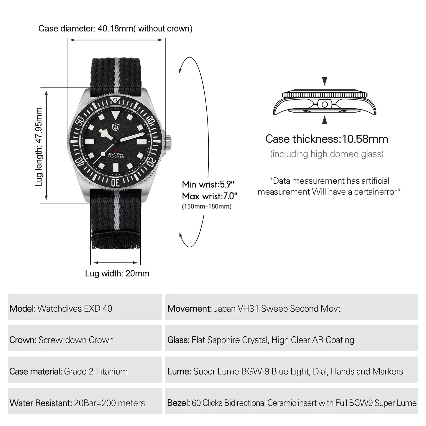 Watchdives EXD 40Mm Titanium Dive Watch Men's VH31 Sweep Quartz Watches 200 Waterproof AR Sapphire BGW9 Luminous 316L Wristwatch