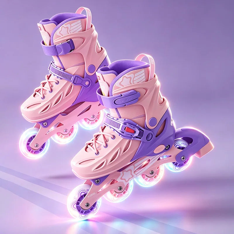 Patins em Linha para Rapaz, Pretos, Tamanho Ajustável, Rosa para Rapariga, Rollerblades Desportivos para Criança, Alta Velocidade, Novos, LED Luminoso, Profissionais
