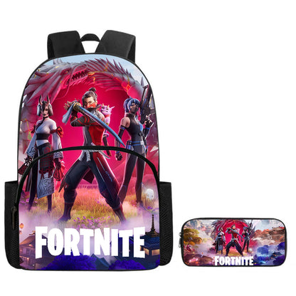 Fortnite Cartoon Backpack w/ Front Pocket & Pencil Case 2PCS - School Set for Boys Girls Age 5-8, Back to School Gift
