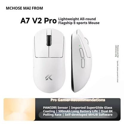 Ratón inalámbrico MCHOSE A7 V2 Ultra+ trimodo ligero Paw3950 Ti 42000dpi 500mah para PC, esports, portátil y gaming, accesorios para ratones