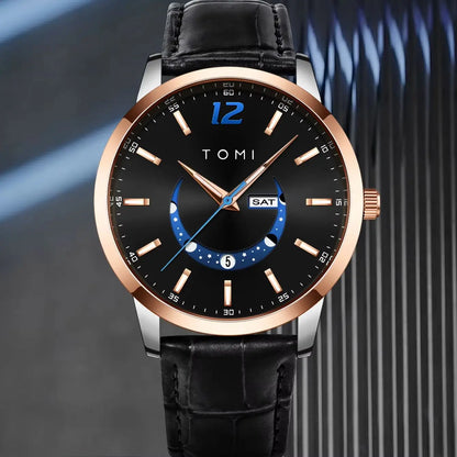 Montre à quartz TOMI, style business et élégant, avec bracelet en cuir, boîtier en alliage et cadran à aiguilles – Design haut de gamme, idée cadeau pour homme