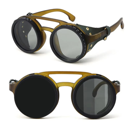 Adjustable 9-Gear ND Filter Steampunk Sunglasses UV400 Round Retro Punk Sun Glasses with Side Shields Leather Patch for Men Wome