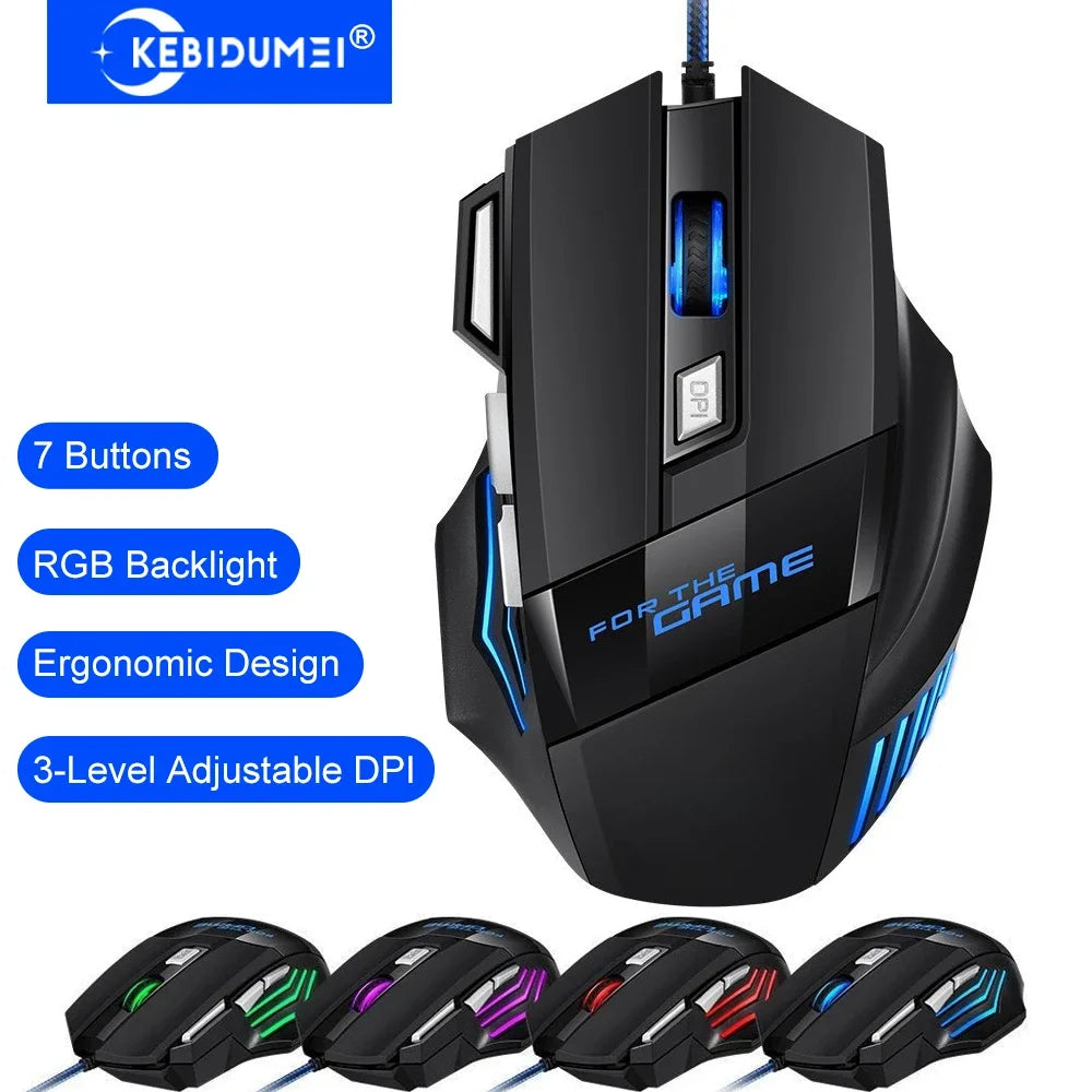 Mouse da gaming cablato KEBIDUMEI, 7 pulsanti, retroilluminazione RGB, mouse USB ergonomico, 2400 DPI, 3 livelli DPI, per PC, laptop, Windows e Mac OS