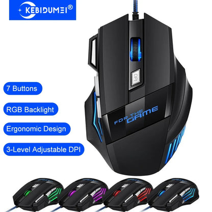 Mouse da gaming cablato KEBIDUMEI, 7 pulsanti, retroilluminazione RGB, mouse USB ergonomico, 2400 DPI, 3 livelli DPI, per PC, laptop, Windows e Mac OS