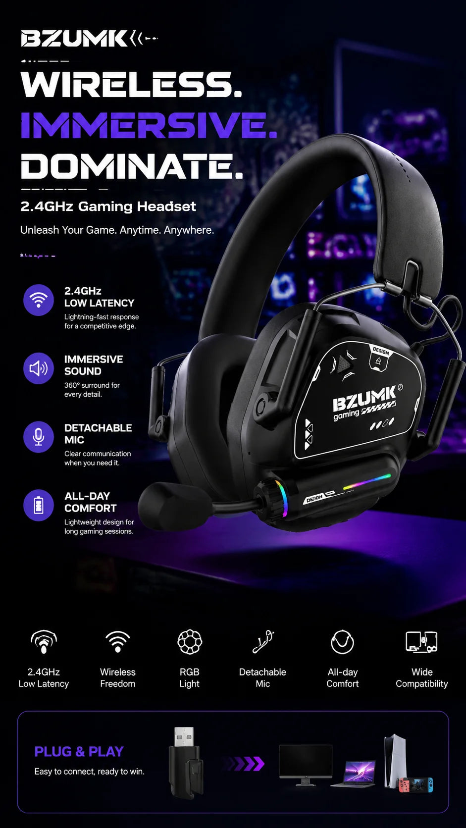 Casque de jeu sans fil BZUMK, écouteurs circum-auraux Bluetooth à faible latence avec micro, basses profondes, 50 mm, RGB, pour PC, PS4, PS5, ordinateur portable, gamer
