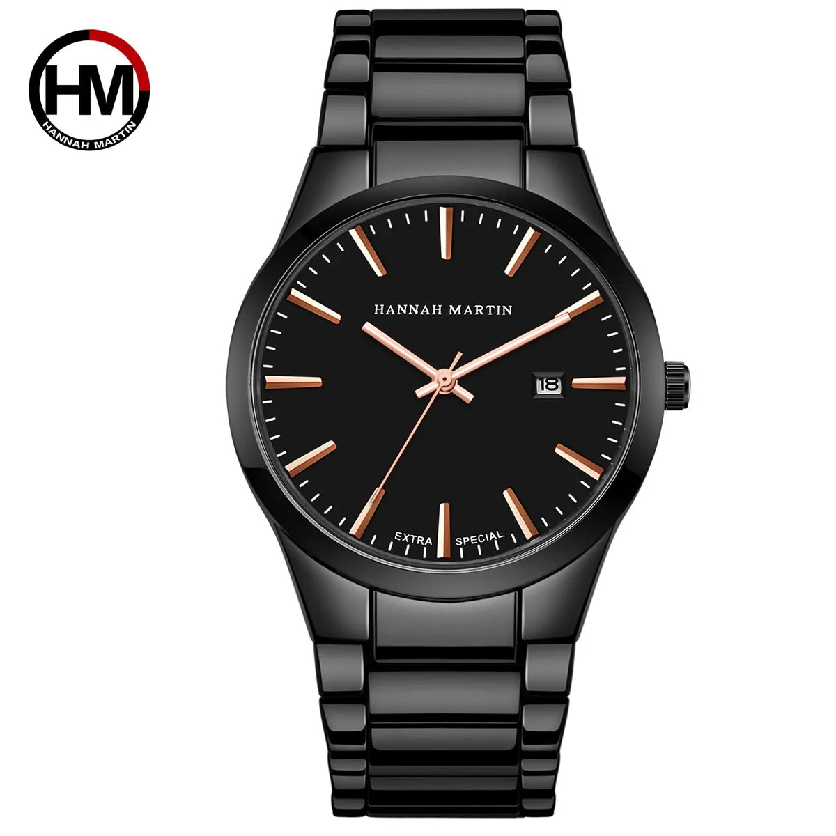 Montre pour homme Hannah Martin, boîtier en acier inoxydable, mouvement à quartz, cadran de 41 mm, style professionnel, avec affichage du calendrier (imitation)
