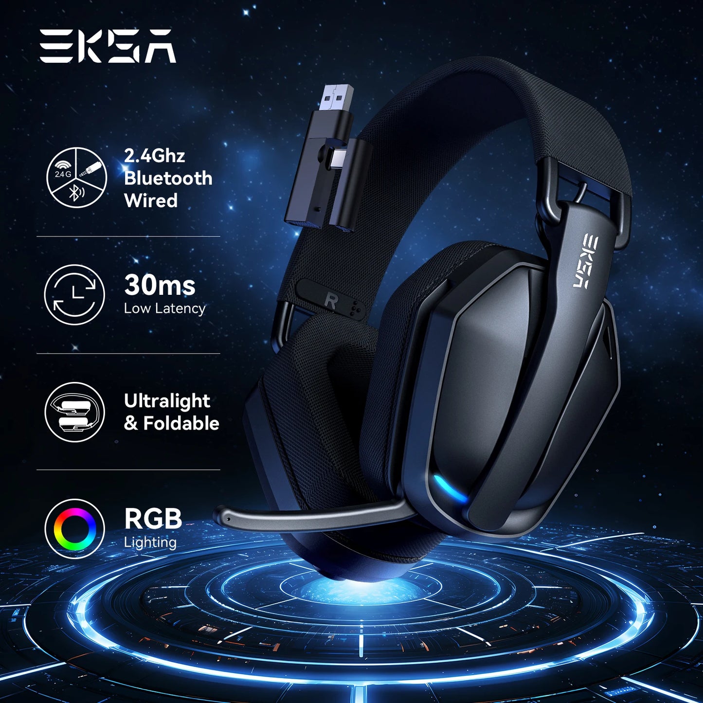 Cuffie gaming wireless tri-mode EKSA G19BT – Bluetooth 5.4, 2.4GHz a bassa latenza, cuffie gaming con microfono per PC, PS5, Xbox