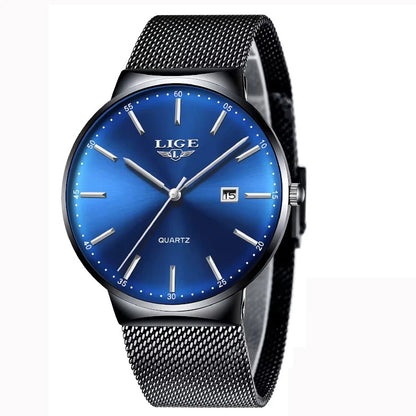 LIGE Herrenuhr, elegantes und luxuriöses Modell, ultraflach, wasserdicht, mit Gliederarmband, Quarzwerk, Datums- und Kalenderanzeige – ideal für einen professionellen Look.