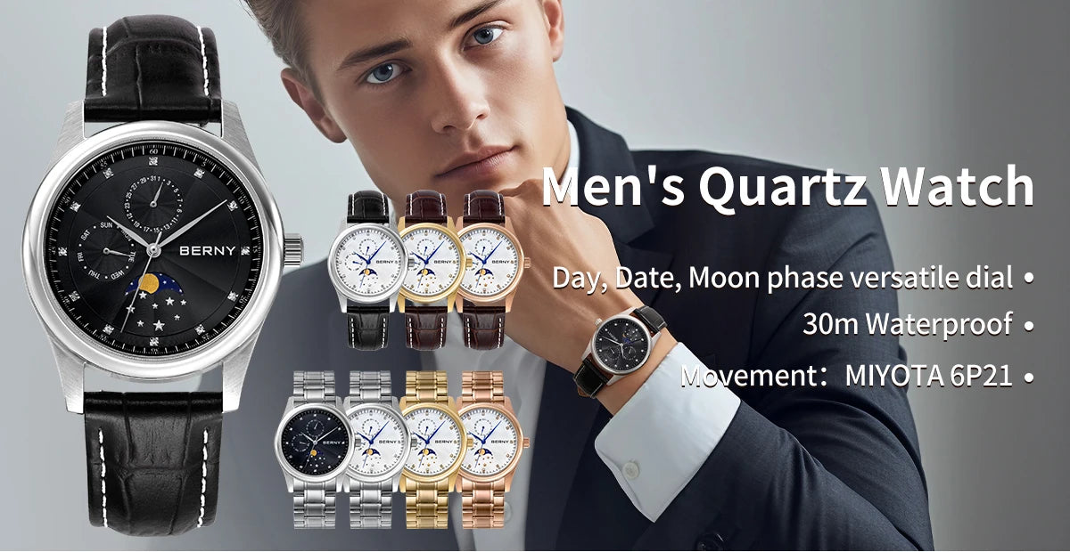 BERNY Men's Watch Date Weeks Moon Phase Quartz Watches for Men Stainless Steel Leather Strap Business Wristwatch Male Clock