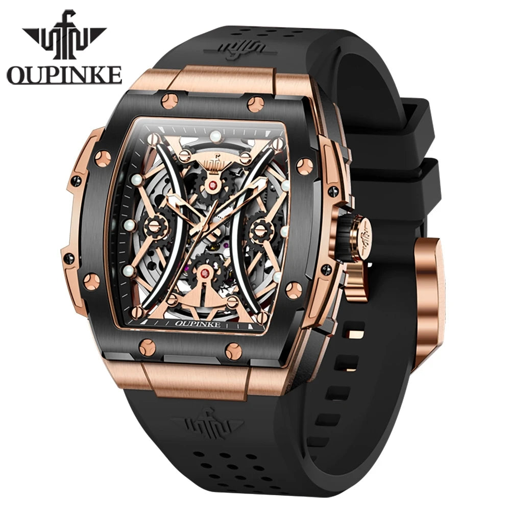 Reloj OUPINKE para hombre, clásico de lujo, esfera tonneau, marca premium original, movimiento mecánico automático, correa de silicona, cristal de zafiro, nuevo