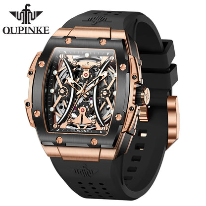 Reloj OUPINKE para hombre, clásico de lujo, esfera tonneau, marca premium original, movimiento mecánico automático, correa de silicona, cristal de zafiro, nuevo