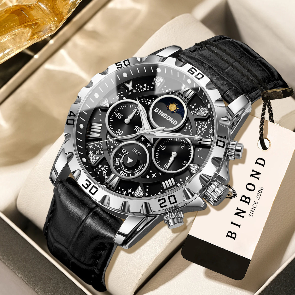 Authentic and accurate BINBOND quartz wristwatch for men, a luxury, water-resistant chronograph with a luminous display and leather strap.