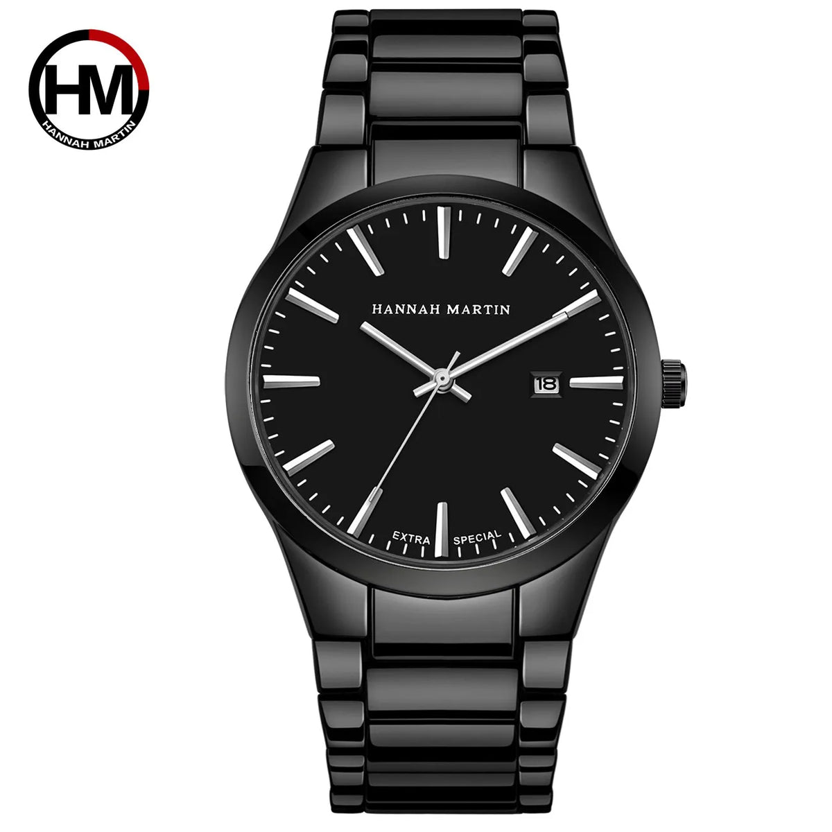 Montre pour homme Hannah Martin, boîtier en acier inoxydable, mouvement à quartz, cadran de 41 mm, style professionnel, avec affichage du calendrier (imitation)