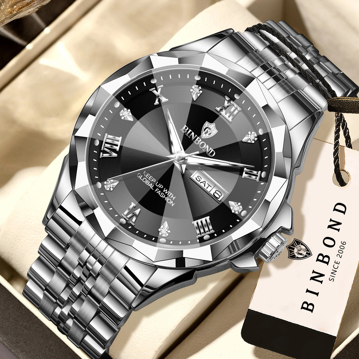 Montre à quartz pour homme BINBOND – Montre-bracelet de luxe, lumineuse et étanche, avec affichage du jour de la semaine et date automatique.