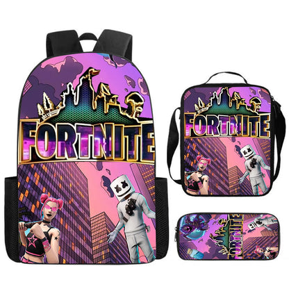 Set Fortnite Cartoon de 3 piezas, gran capacidad, adecuado para niños y niñas de 5 a 8 años, incluye mochila, bolsa para comida y estuche para lápices