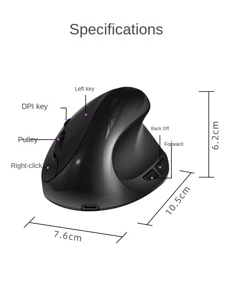 BTS-908 Ratón vertical recargable superventas, ratón inalámbrico ergonómico con receptor USB 2.4G, 1600 DPI ajustables y 6 botones