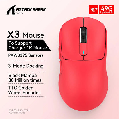 Bezdrátová herní myš X3 ATTACK SHARK v červené barvě, 4K návratnost, Bluetooth tri-mode připojení, PAW3395, makro Bluetooth herní myš