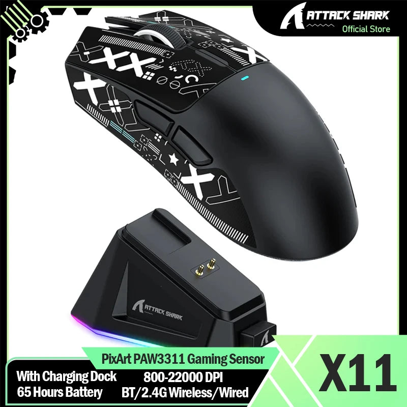Mouse da gaming wireless ATTACK SHARK X11 con dock di ricarica e sensore gaming PixArt PAW3311, BT/2.4G wireless/cablato