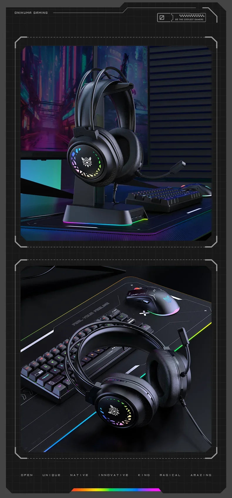 Casque de jeu ONIKUMA X92, filaire, circum-auriculaire, éclairage LED RGB, haut-parleur de 50 mm, micro flexible, basses profondes, son stéréo, pour PC, PS4, Switch, ordinateur portable.