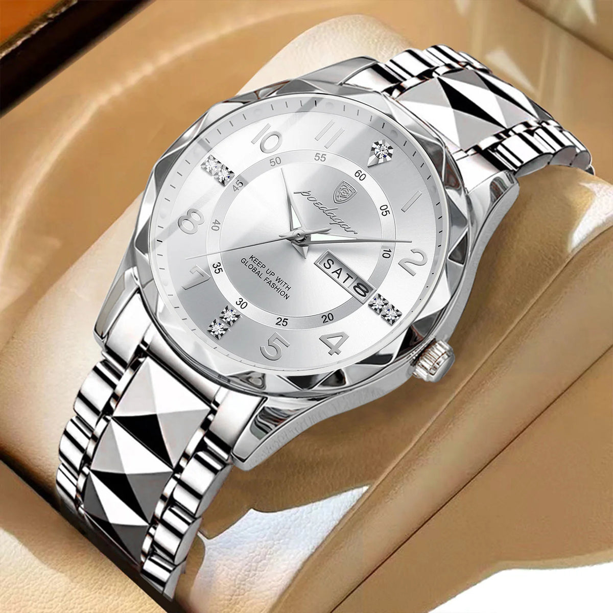 POEDAGAR Fashion Luxury men’s watch, water-resistant, luminous, quartz, stainless steel strap, date and day of the week, casual style.