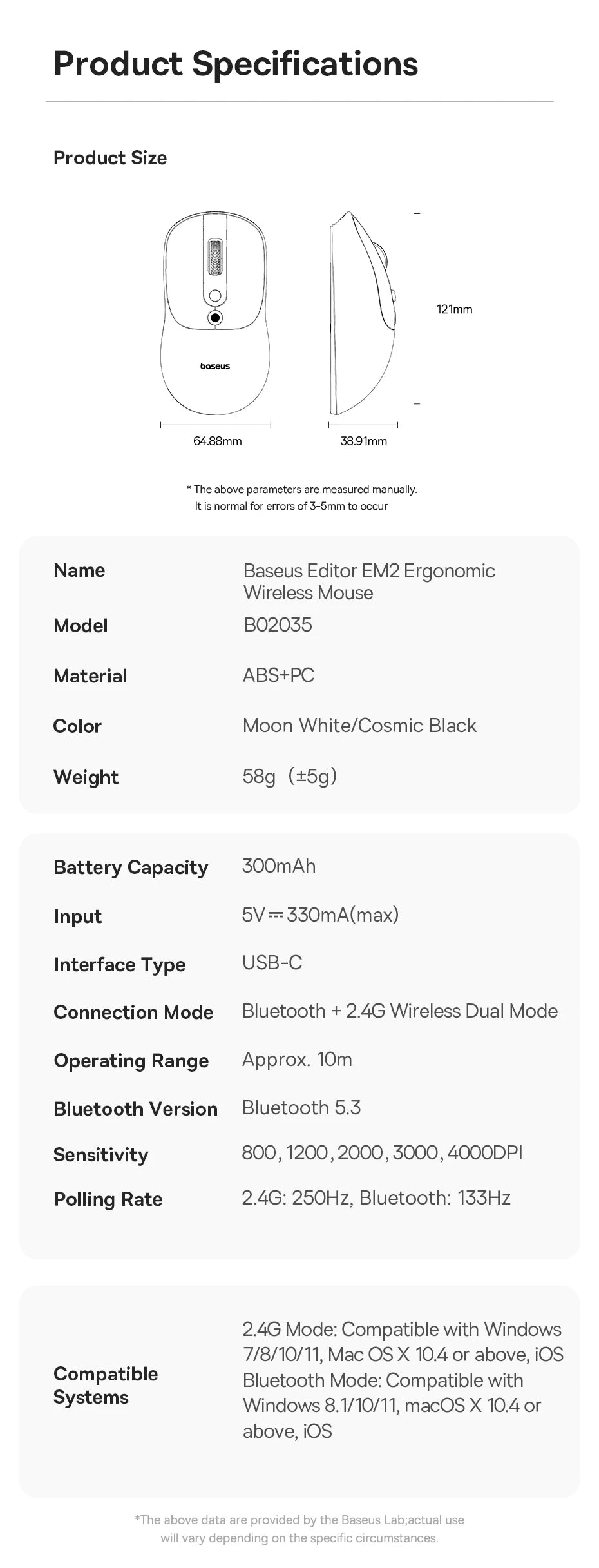 【NOU】Mouse wireless ergonomic Baseus EM2 Bluetooth 5.3 2.4G, încărcare Type-C, ultra-ușor și silențios, cu buton personalizabil