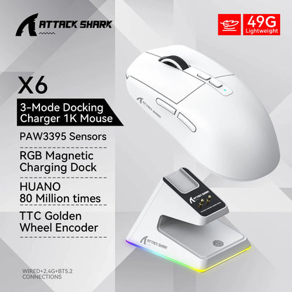ATTACK SHARK X6 Tri-Mode Gaming Mouse with Magnetic Charging Dock, PixArt PAW3395 Sensor, 26K DPI, 49g Ultralight Wireless Gaming Mouse for PC & Mac
