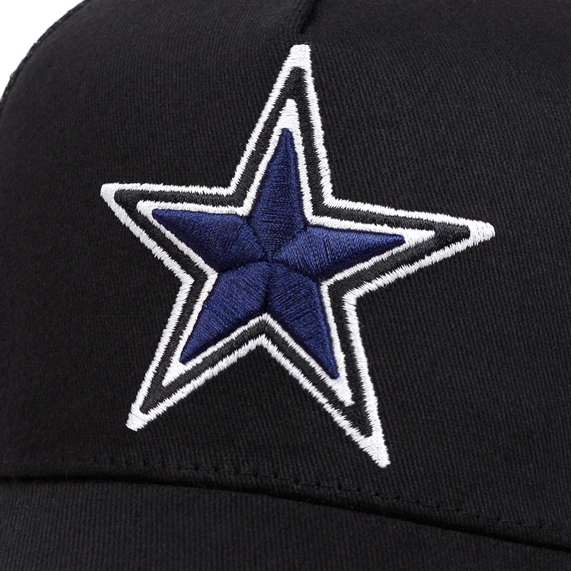 Simbolo semplice: stella a cinque punte. Ricamo. Cappellino da baseball da esterno. Traspirabilità estiva. Cappellino hip hop in rete. Cappellino da camionista.