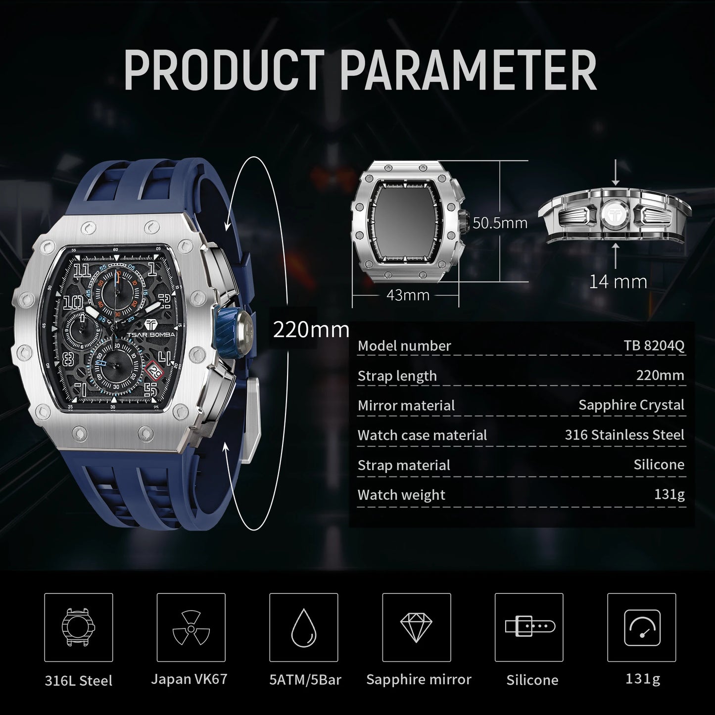 TSAR BOMBA New TB8204 Watch for Men, Japan Quartz Chronograph, 50M Waterproof Wristwatch, Fashion Sport Clock, Luxury Gift